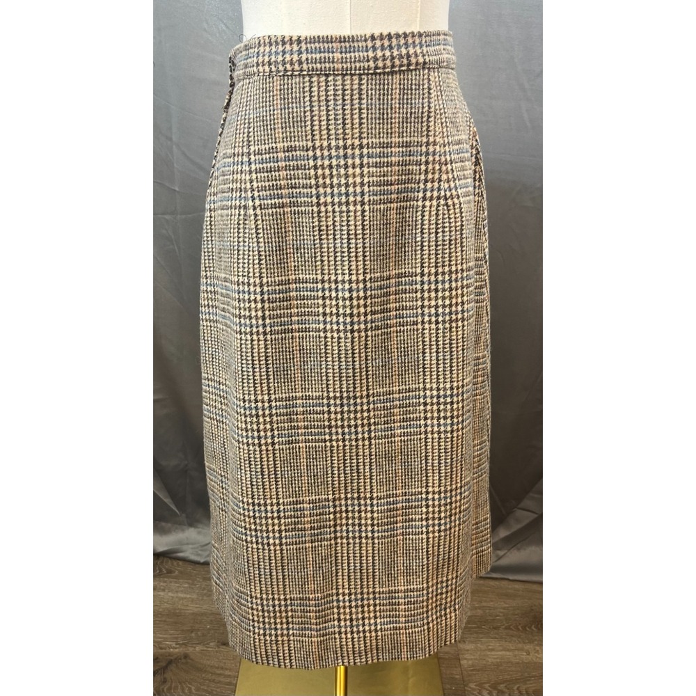 Vintage Academia Midi Pleat Quiet Luxury Preppy Wool Tweed Skirt Blue Beige 12
